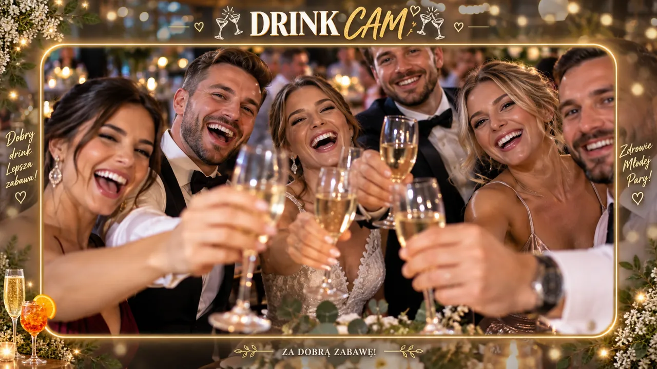 Drink cam na ekranie - złota ramka z kieliszkami