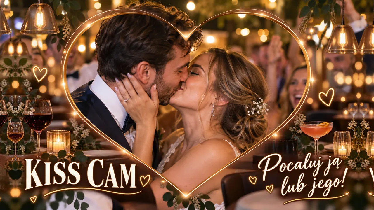Kiss cam na ekranie - złota ramka z sercem
